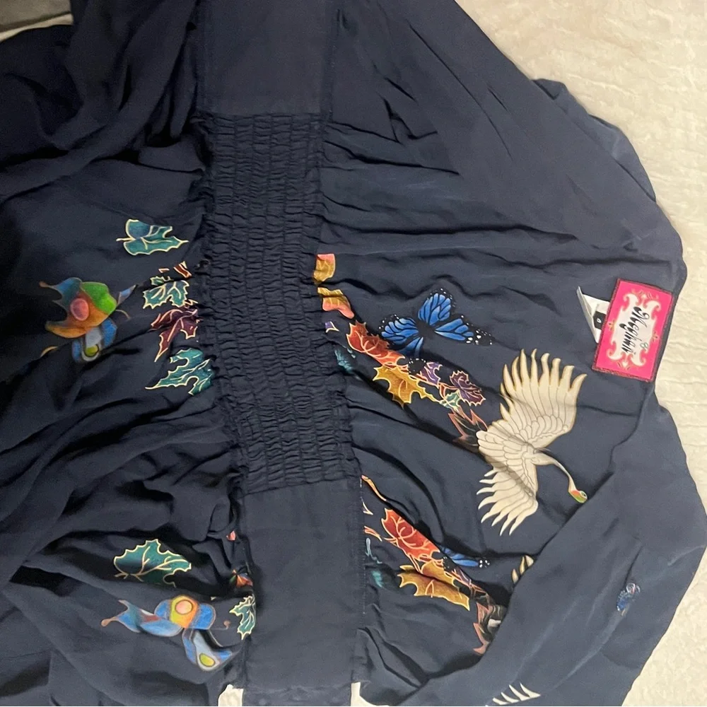 Meghan LA Dark Blue Kimono with Crane and Beaded Belt - Picture 7 of 9
